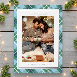 Buon Natale Blue Green Plaid Tartan Photo Foil Holiday Card