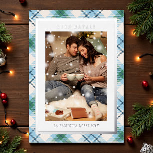 Buon Natale Blue Green Plaid Tartan Photo Foil Holiday Card