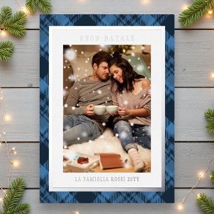 Buon Natale Blue Plaid Tartan Photo Foil Holiday Card