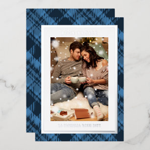 Buon Natale Blue Plaid Tartan Photo Foil Holiday Card