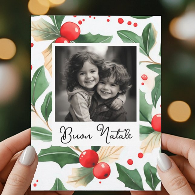 Buon Natale Christmas Card Festive Holly Art (Buon Natale Italian Christmas Postcard with space for two custom pictures. Holly & berries art.)
