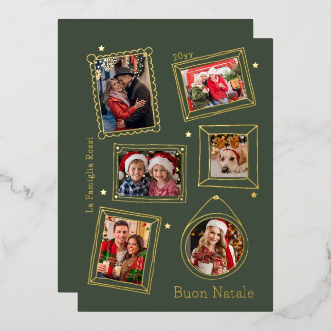 Buon Natale Doodle Frame Multi Photo Foil Holiday Card (Front/Back)