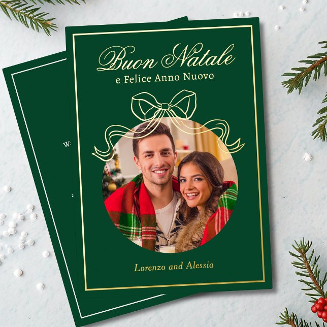 Buon Natale e Felice Anno Nuovo Coquette Bow Photo Foil Holiday Card (Creator Uploaded)