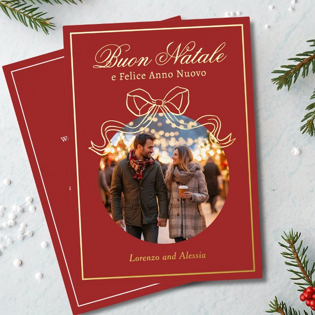 Buon Natale e Felice Anno Nuovo Coquette Bow Photo Foil Holiday Card (Creator Uploaded)