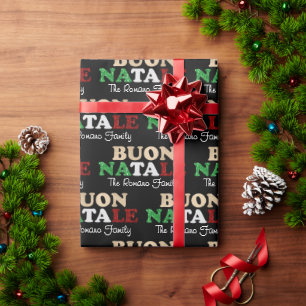 Buon Natale Family Name Italian Christmas on Black Wrapping Paper