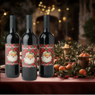 Buon Natale (Family name) Vintage Santa plaid Wine Label