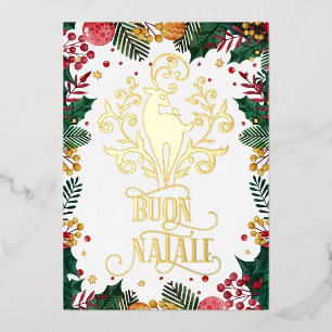 Buon Natale Gold Deer Green Holly Photo Foil Holiday Card