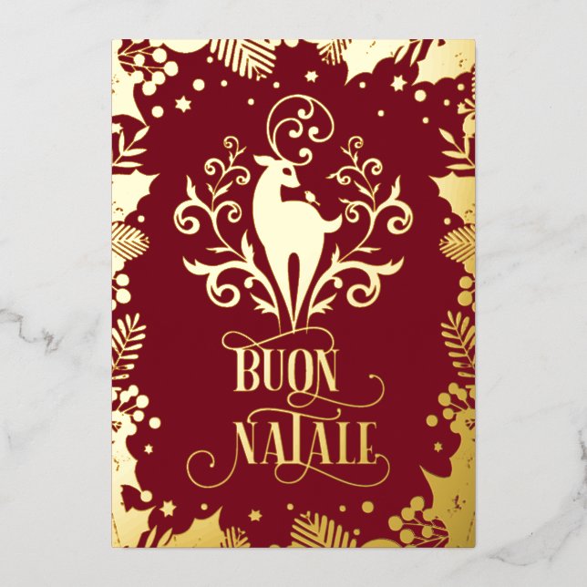 Buon Natale Gold Deer Holly Photo    Foil Holiday Card (Front)