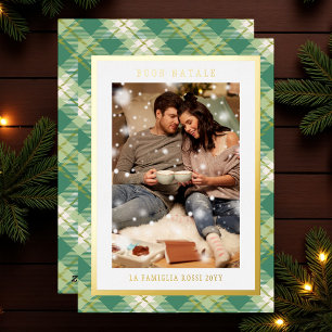 Buon Natale Green Plaid Tartan Photo Foil Holiday Card