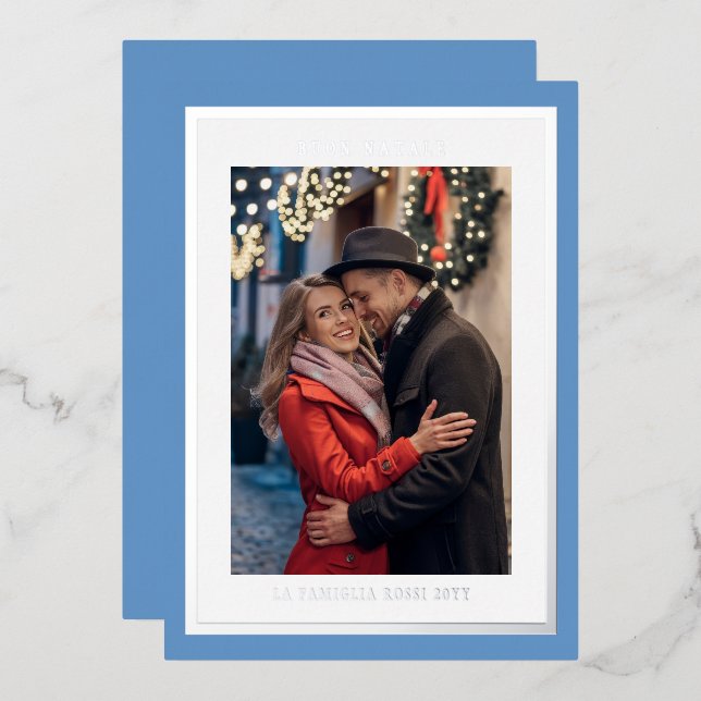 Buon Natale Ice Blue Simple Modern Photo Foil Holiday Card (Front/Back)