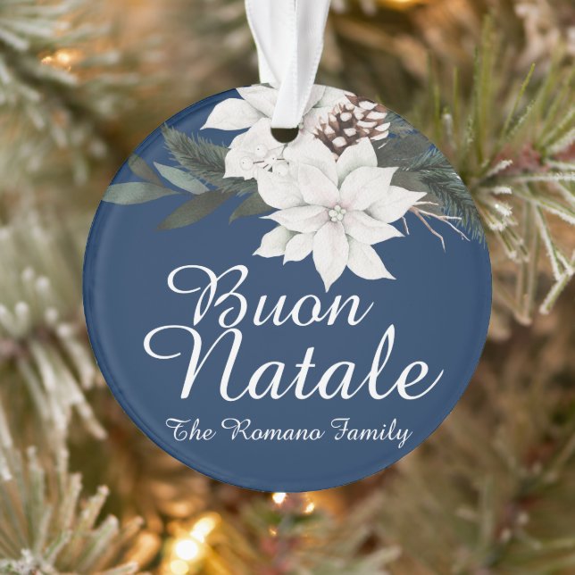 Buon Natale Italian Christmas Floral on Blue Ornament (Tree)
