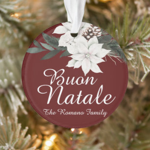 Buon Natale Italian Christmas Floral on Dark Red Ornament