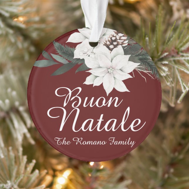 Buon Natale Italian Christmas Floral on Dark Red Ornament (Tree)