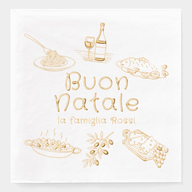 Buon Natale Italian Christmas Party Food Doodles Foil Napkins (Front)