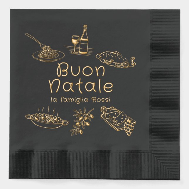 Buon Natale Italian Christmas Party Food Doodles Foil Napkins (Front)