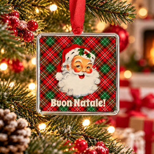 Buon Natale Italian Christmas Santa Red Plaid Metal Tree Decoration