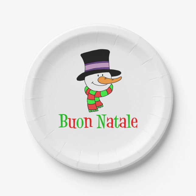 Buon Natale Italian Merry Christmas Snowman Paper Plate (Front)