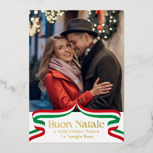 Buon Natale Italian Red Green Ribbon Photo Foil Holiday Card