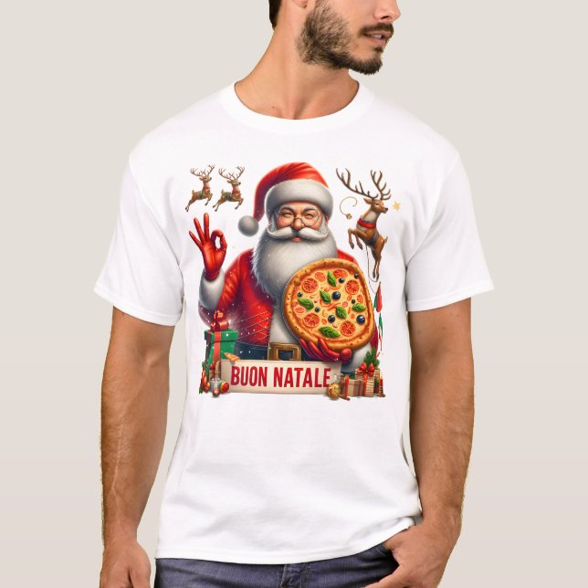 Buon Natale Italian Santa with Pizza & Reindeer T-Shirt (Front)