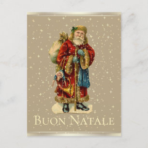Buon Natale Italian Vintage Santa Gold Stars Holiday Postcard