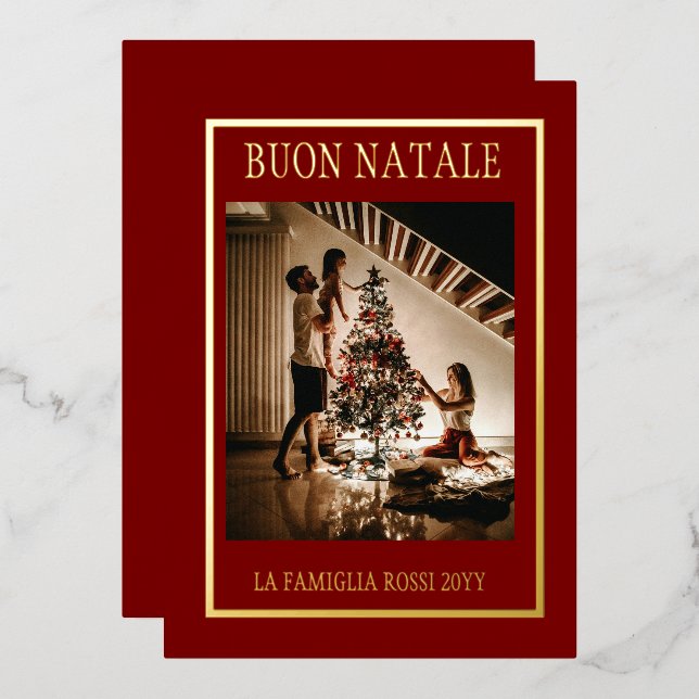Buon Natale Maroon & Gold Simple Modern Photo Foil Holiday Card (Front/Back)