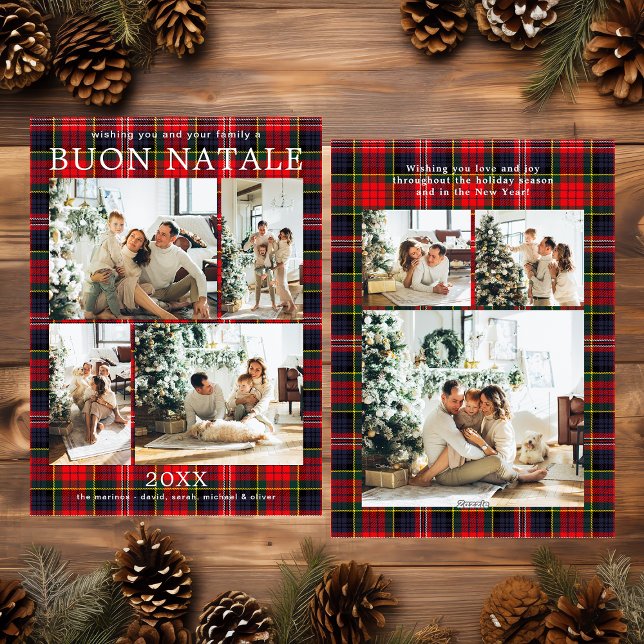 Buon Natale Multi Photo Red Plaid Holiday Card (Creator Uploaded)