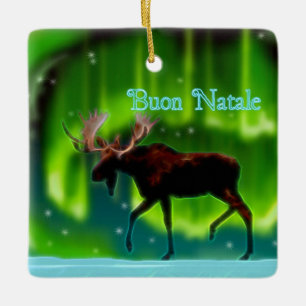 Buon Natale - Northern Lights Moose Ceramic Tree Decoration
