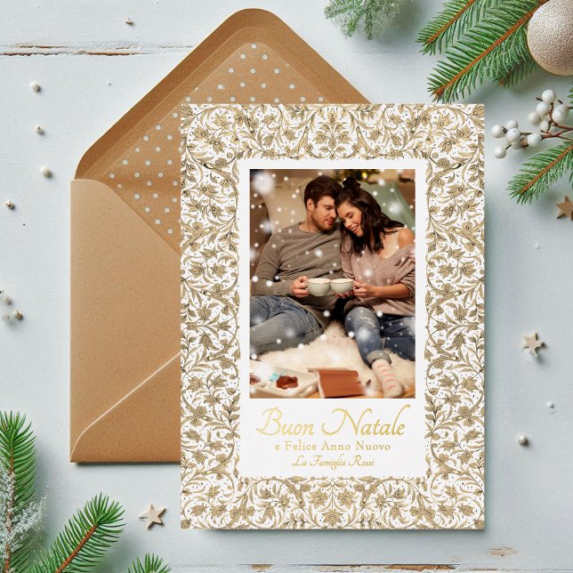 Buon Natale Ornate Floral Photo Foil Holiday Card (Creator Uploaded)