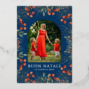 Buon Natale Photo Collage Watercolor Floral Foil Holiday Card