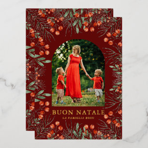 Buon Natale Photo Collage Watercolor Floral Foil Holiday Card