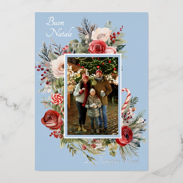 Buon Natale Photo Floral Blue Foil Holiday Card (Front)