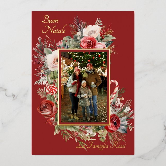 Buon Natale Photo Floral Foil Holiday Card (Front)