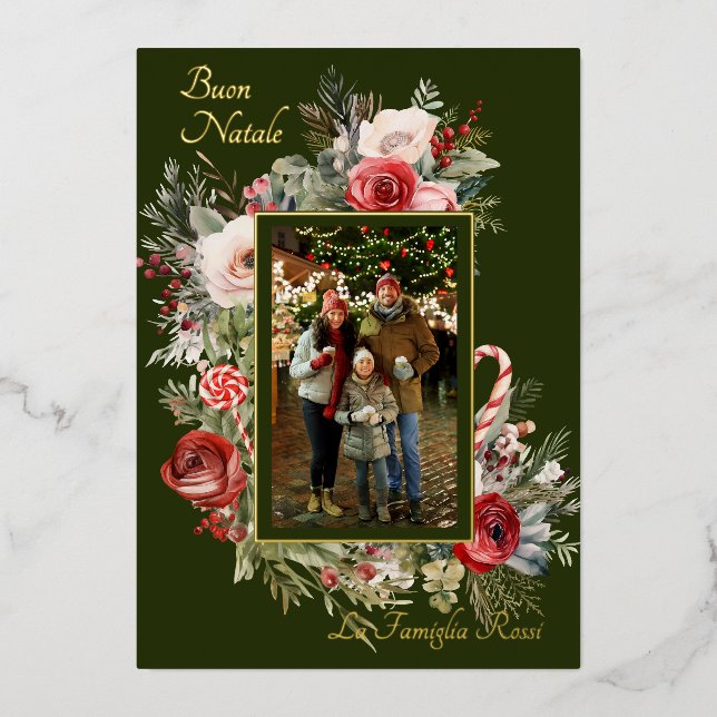 Buon Natale Photo Floral Foil Holiday Card (Front)