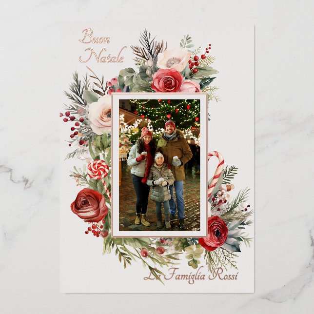 Buon Natale Photo Floral Foil Holiday Card (Front)