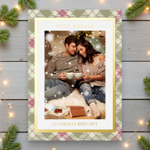 Buon Natale Pink Green Plaid Tartan Photo Foil Holiday Card