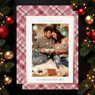 Buon Natale Pink Plaid Tartan Photo Foil Holiday Card