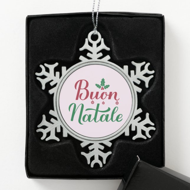 Buon Natale Red and Green Italian Christmas Snowflake Pewter Christmas Ornament (Box)