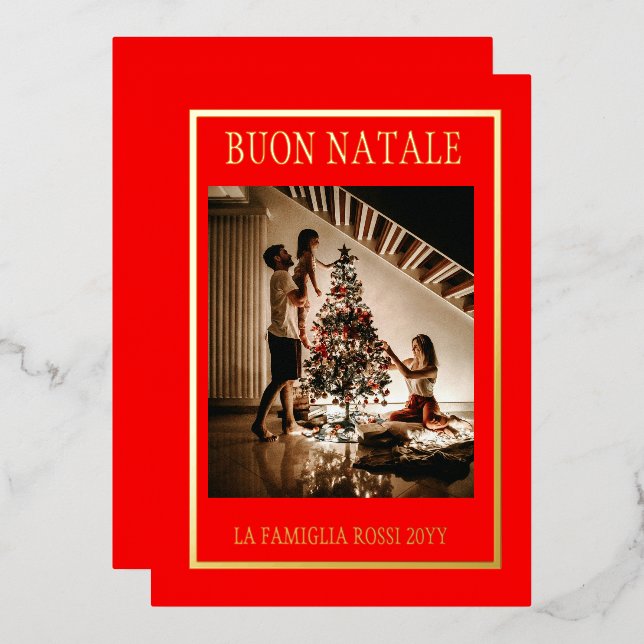 Buon Natale Red & Gold Simple Modern Photo Foil Holiday Card (Front/Back)