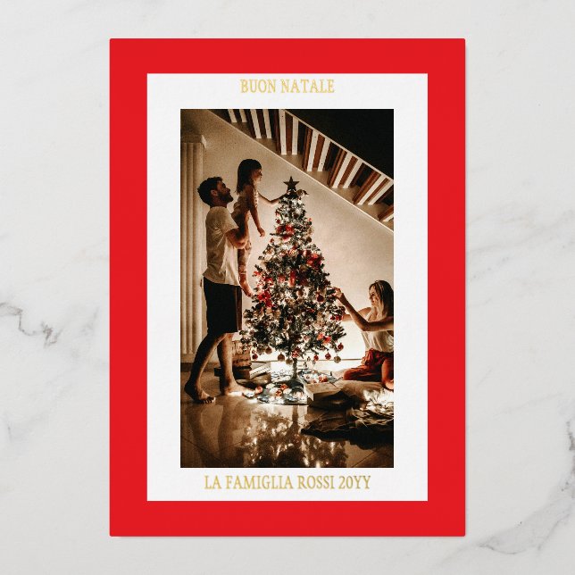 Buon Natale Red Gold Simple Modern Photo  Foil Holiday Card (Front)