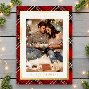 Buon Natale Red Plaid Tartan Photo Foil Holiday Card