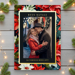 Buon Natale Red Poinsettia Floral Photo Foil Holiday Card