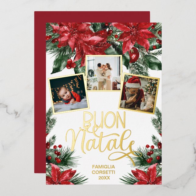 Buon Natale Red Poinsettia Greenery Photo Collage  Foil Holiday Card (Front/Back)