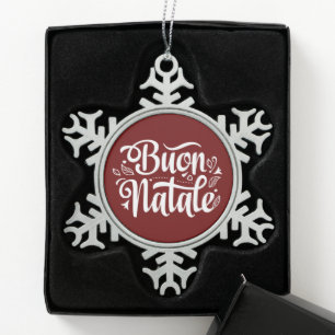 Buon Natale Simple Red Italian Christmas Snowflake Pewter Christmas Ornament