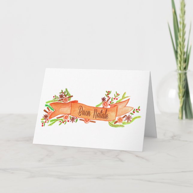 Buon Natale, watercolor Christmas banner Holiday Card (Front)