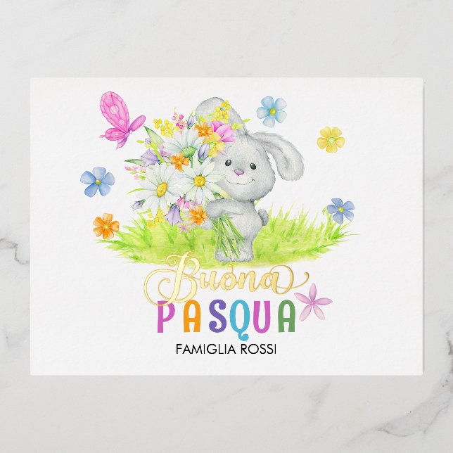 Buona Pasqua Cute Rabbit Bouquet Spring Flowers Foil Holiday Postcard (Front)