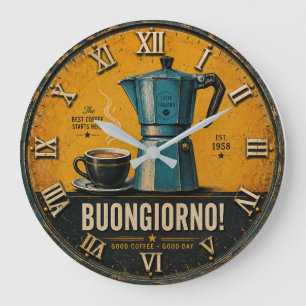Buongiorno Italian Espresso Moka Pot Kitchen Café Large Clock