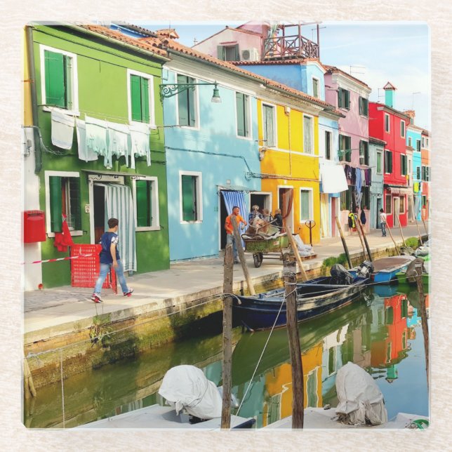Burano island near Venice, Rainbow Houses in Italy Glass Coaster (Front)