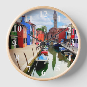 Burano, Italy Italian Colorful Houses & Boat Canal Clock