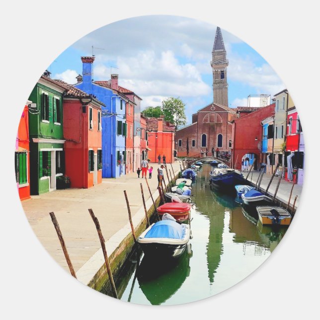 Burano, Italy Italian Colourful Houses & Boat Cana Classic Round Sticker (Front)