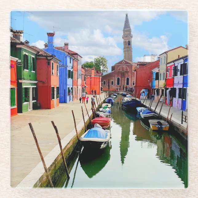 Burano, Italy Italian Colourful Houses & Boat Cana Glass Coaster (Front)
